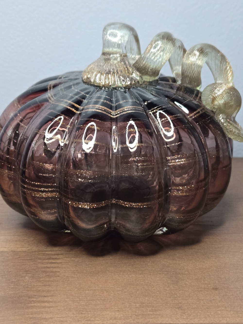 Purple Plum And Sparkling Gold Swirl Hand Blown Glass Pumpkin - 4x5" Fall Decor